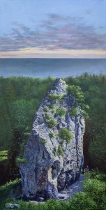 A highly detailed painting of Sugarloaf rock on Mackinac Island.