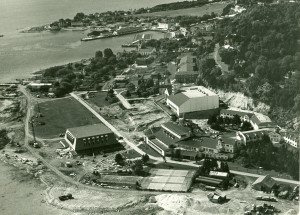 A view of the entire center in 1966. The Howard Library is complete and excavation of the clark Center has just started in front of the theater and studio.