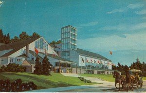 A postcard view of the architects rendering for the film studio. To the left is the theater, which included an extension of the front foyer.