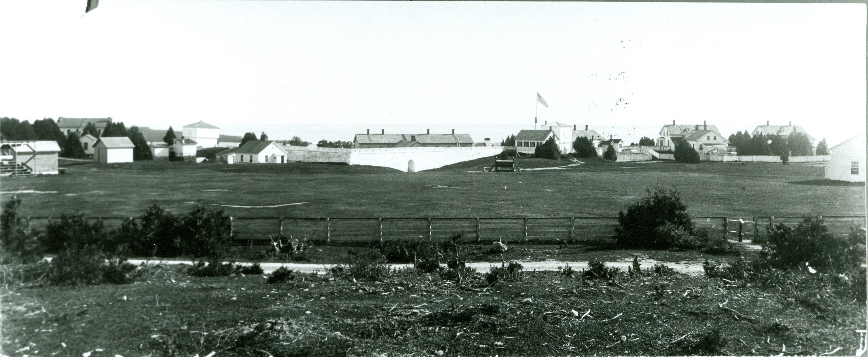 Fort Mackinac from the north, ca. 1890. The baseball field can be seen at center left, with the grandstand at extreme left.