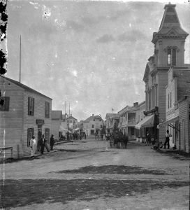 The two porches at right center are the original Murray Hotel, and just beyond it, the Mackinac Hotel, ca. 1885