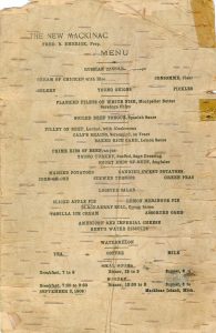 Menu from the New Mackinac, printed on birch bark, 1906.