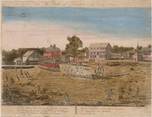 The light infantry and grenadier companies of the 10th Foot took part in the battles of Lexington and Concord on April 19, 1775. This engraving, printed soon after the battle in 1775, shows the opening engagement on Lexington green. Courtesy Anne S.K. Brown Military Collection, Brown University.