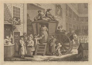 Nearly all European and American men wore felt hats in the 18th century. Hats came in numerous shapes and sizes, as seen in this 1747 engraving by famed illustrator William Hogarth. 