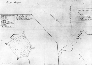 This British map, drawn between 1766 and 1769, is the first to specifically note the community outside the fort walls. The suburbs are labeled as B or “Houses Belonging to the Traders with out the fort” on the larger-scale map at right.