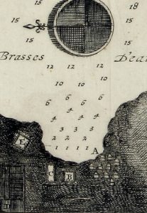 Detail of a map of the Straits of Mackinac by Captain Louis-Armand de Lom d'Arce de Lahontan, Troupes de la Marine, 1703. This is the mission of St. Ignace and Indian villages. A) French Village; B) Jesuits' House; C) Huron Village; D) Fields; E) Ottawa Village.