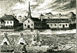 The second Ste. Anne's Church on the island, constructed in 1827, as depicted by Father Otto Skolla in 1844.