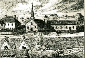 The second Ste. Anne's Church on the island, constructed in 1827, as depicted by Father Otto Skolla in 1844. 