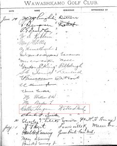 Wawashkamo Register dated June 29, 1919. Walter Hagen outlined in red box. 