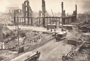 A picture of the intersection of Madison and State Streets in Chicago after the Great Fire of 1871.