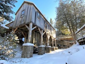 The reconstructed sawmill at Historic Mill Creek Discovery Park in winter