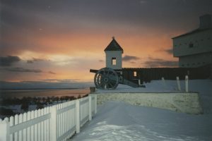 A Fort Mackinac cannon in winter. 