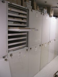 Archaeological artifact cabinet in the Petersen Center in Mackinaw City. 