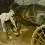 Herbert Benjamin examining a horse and carriage in the 1950s.