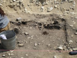 The archaeological excavation at Colonial Michilimackinac, showing the east wall of the central cellar. 