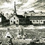 A sketch from 1827 showing Ste. Anne's Church on Mackinac Island with Magdelaine LaFromboise's home adjacent to it.