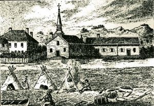 A sketch from 1827 showing Ste. Anne's Church on Mackinac Island with Magdelaine LaFromboise's home adjacent to it. 