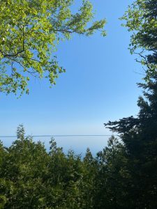 A clearing through some trees showing blue sky and blue water on Tranquil Bluff Trail on Mackinac Island. 