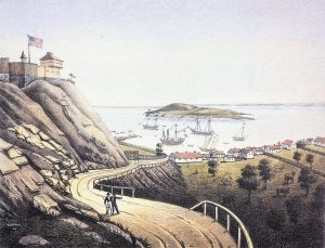 A painting depicting Fort Street as a dirt road, with Fort Mackinac to the left and grazing horse and cattle to the right. 