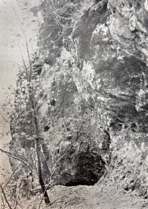 An unknown cave in a black and white photo taken on Mackinac Island