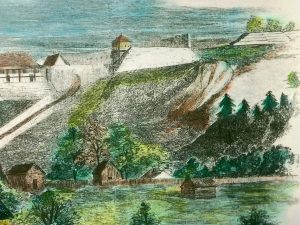 A painting of Mackinac Island with Fort Mackinac prominently shown. 