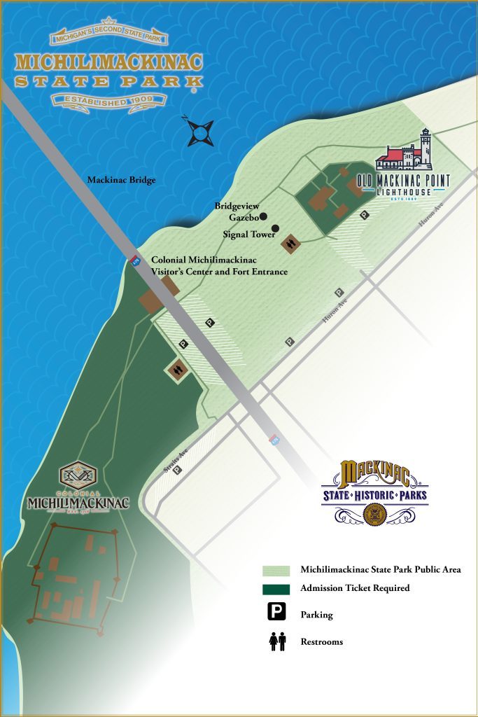 A map of Michilimackinac State Park, showing Old Mackinac Point Lighthouse on the top right side of the map and Colonial Michilimackinac on the bottom left of the map.