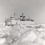 The Vacationland Auto Ferry in the icy Straits of Mackinac.