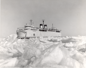 The Vacationland Auto Ferry in the icy Straits of Mackinac. 