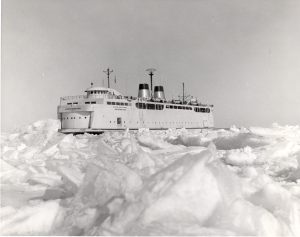 The Vacationland Auto Ferry in the icy Straits of Mackinac.