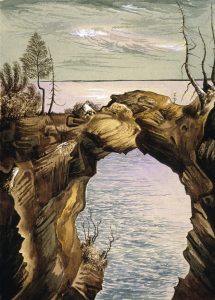 A painting of Arch Rock. 