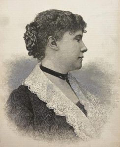 A portrait of Constance Fenimore Woolson, wearing a dress with white lace, whose essay "The Fairy Island" recalled a visit to Mackinac Island during autumn 1856. 