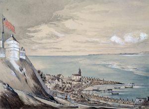 A painting of Fort Mackinac and the village of Mackinac Island, potentially in autumn. 