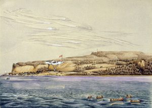 A painting of Mackinac Island from the water, showing Fort Mackinac and colors on trees, such as in Autumn. 