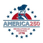 A logo showing America250, 13 stars, and a colonial soldier.