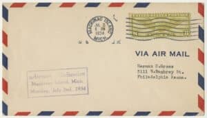 An envelope from the collection commemorating the first airplane at Mackinac Island Airport. 