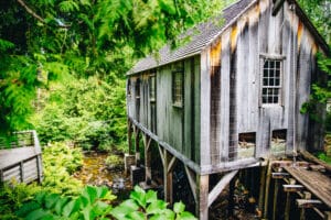 The reconstructed water-powered sawmill at Dousman's Mill. 