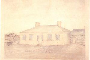 Mary Nexsen Thompson painting of 1827 hospital with portion of storehouse. Credit: William L. Clements Library, University of Michigan