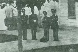 Dog with Fort Mackinac soldiers