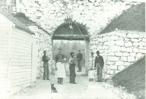 Dog with soldiers at North Sally Port Fort Mackinac