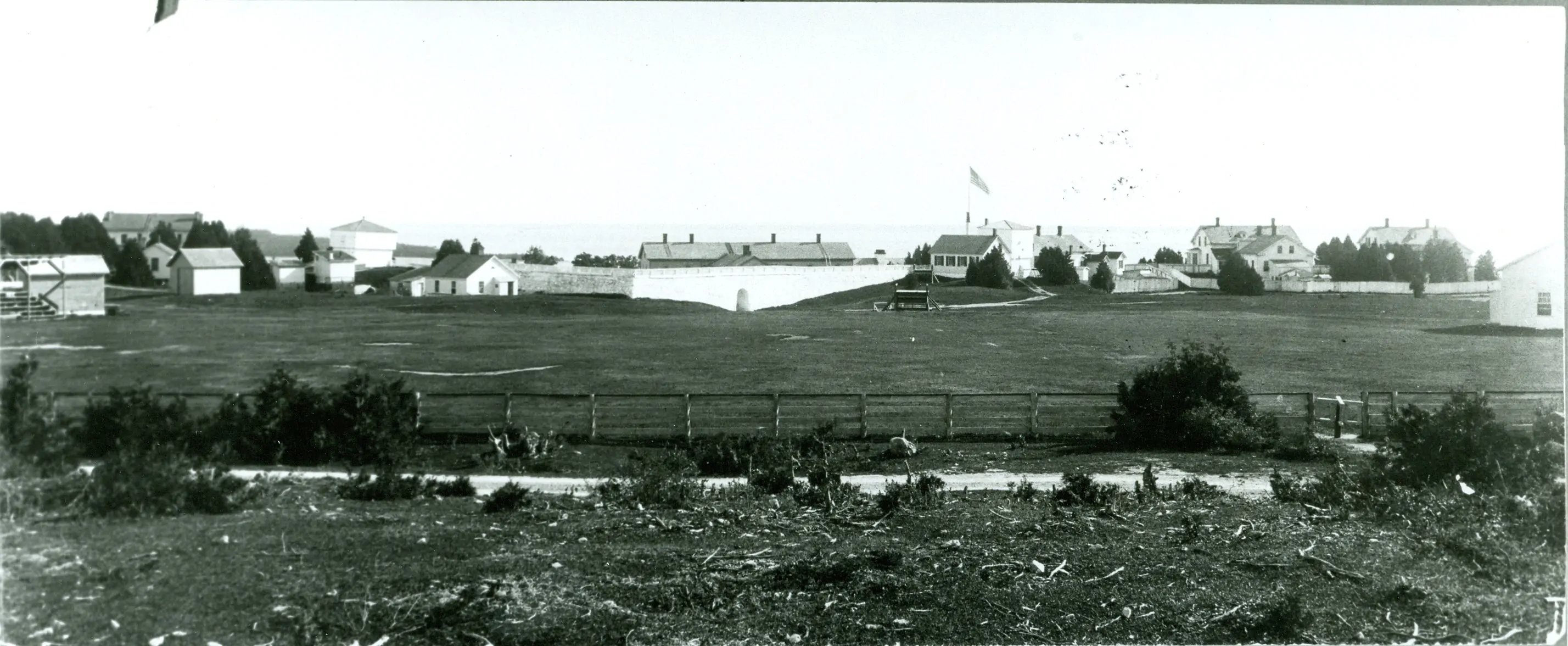 Fort Mackinac from the north, ca. 1890. The baseball field can be seen at center left, with the grandstand at extreme left.