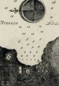 Detail of a map of the Straits of Mackinac by Captain Louis-Armand de Lom d'Arce de Lahontan, Troupes de la Marine, 1703. This is the mission of St. Ignace and Indian villages. A) French Village; B) Jesuits' House; C) Huron Village; D) Fields; E) Ottawa Village.