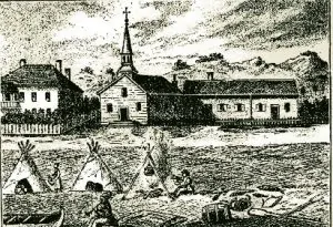The second Ste. Anne's Church on the island, constructed in 1827, as depicted by Father Otto Skolla in 1844.