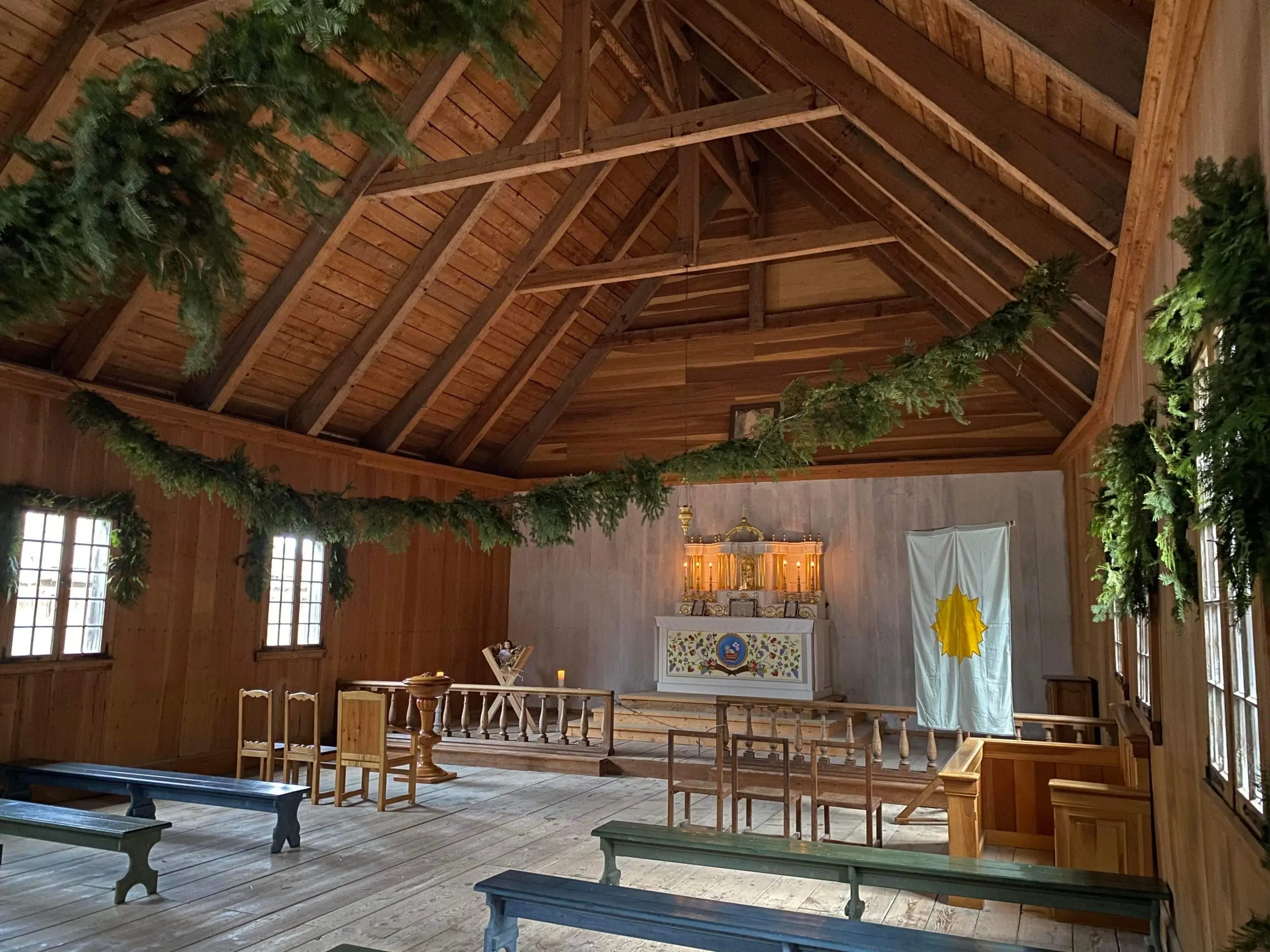 The church at Michilimackinac decorated for Christmas.