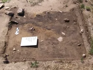 A square of dirt from the archaeological dig at Colonial Michilimackinac in Mackinaw City, Michigan.