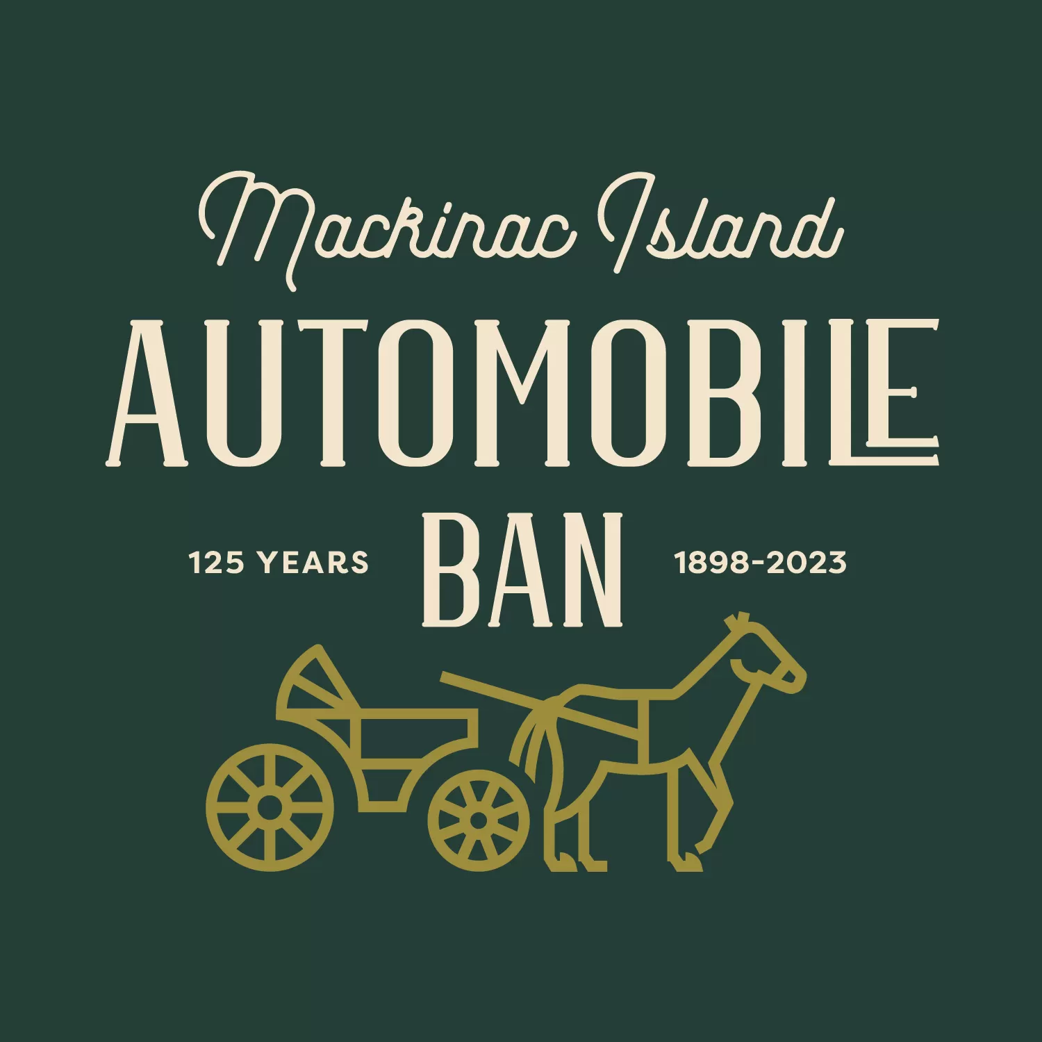 A logo for the Mackinac Island Automobile Ban in green and gold.