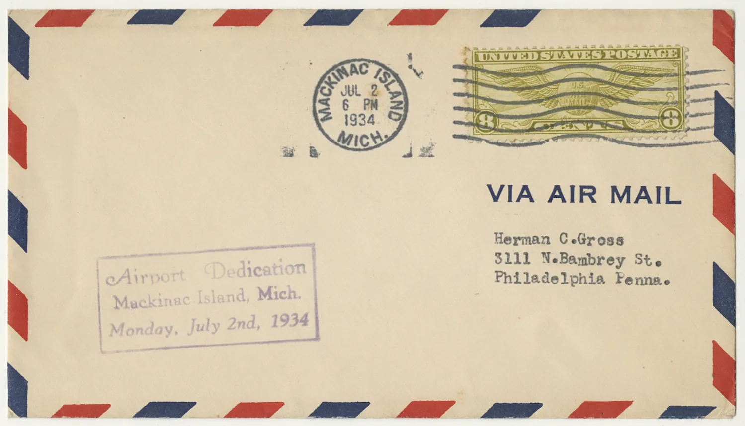 An envelope from the collection commemorating the first airplane at Mackinac Island Airport.